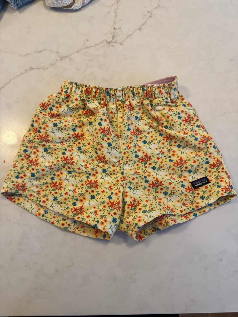 Patagonia Yellow Floral Baby Shorts with Lavender Waistband